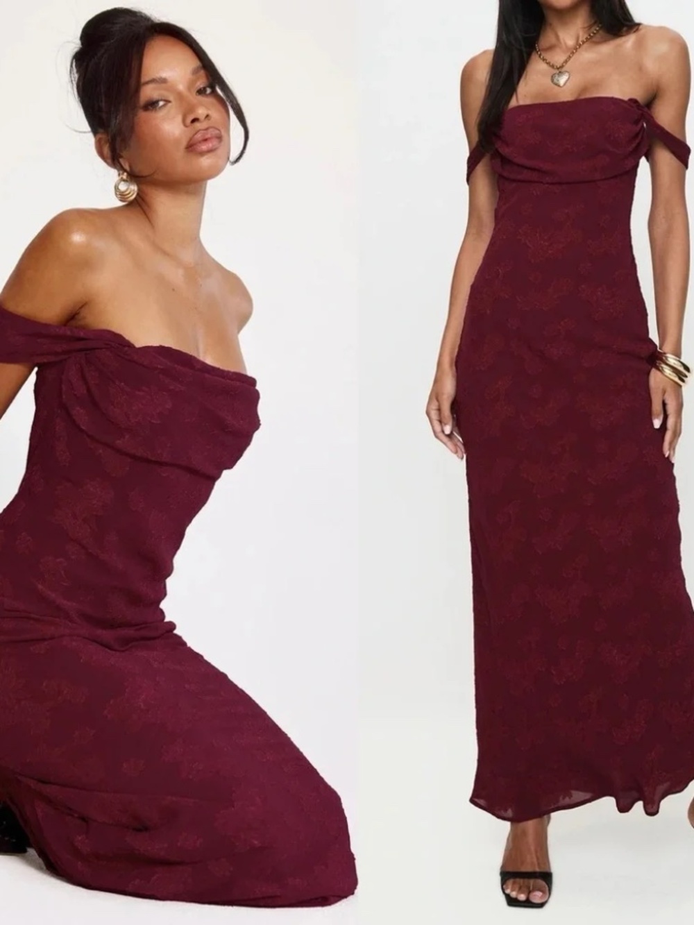 NWT Princess Polly Azura Off The Shoulder Maxi Dress Burgundy